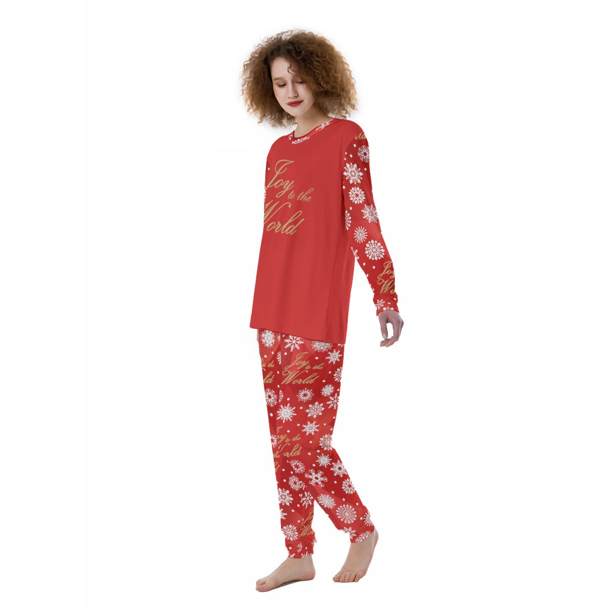 Joy to the World Snowflake Print Women’s Pajamas Set on Red Background - Printspirationz