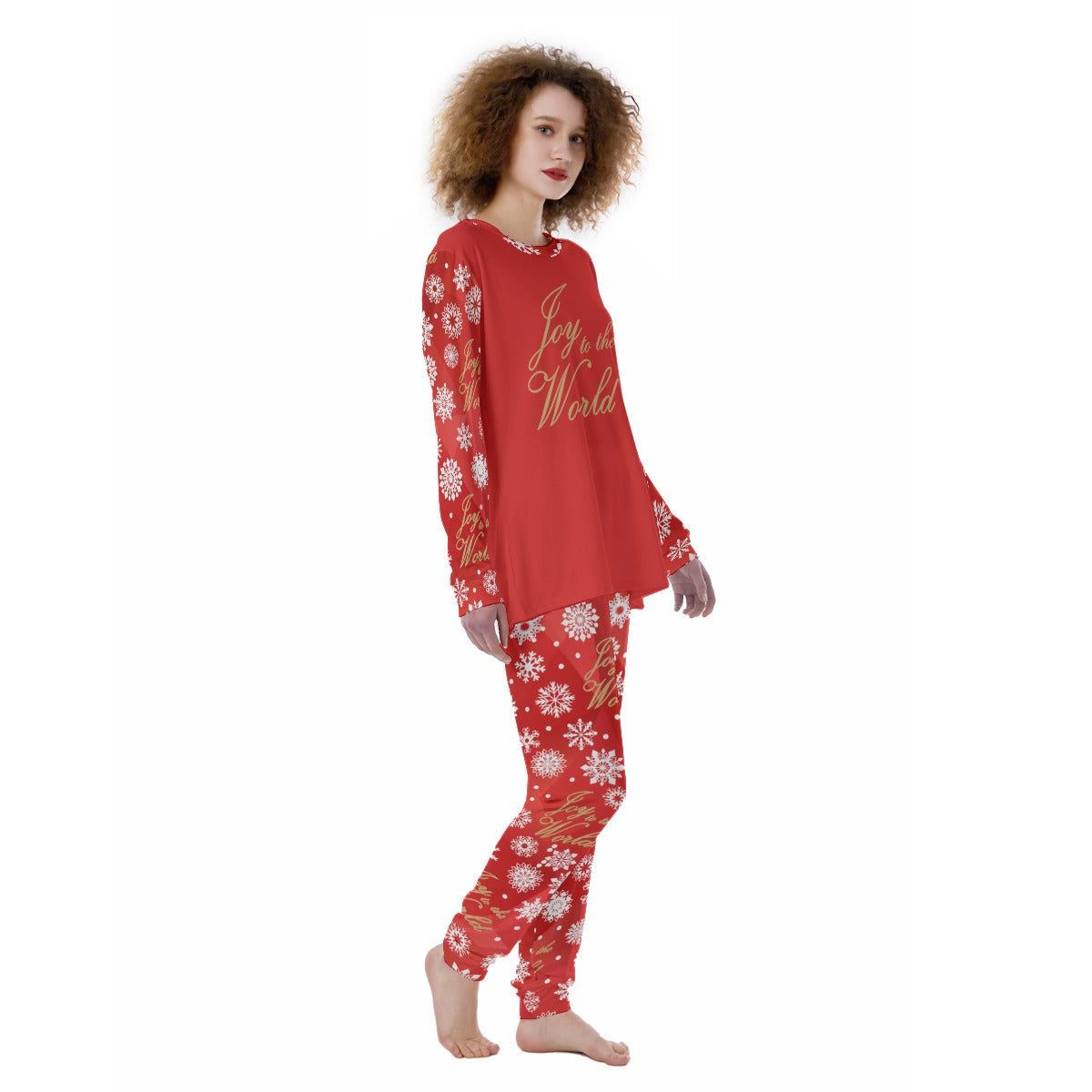 Joy to the World Snowflake Print Women’s Pajamas Set on Red Background - Printspirationz