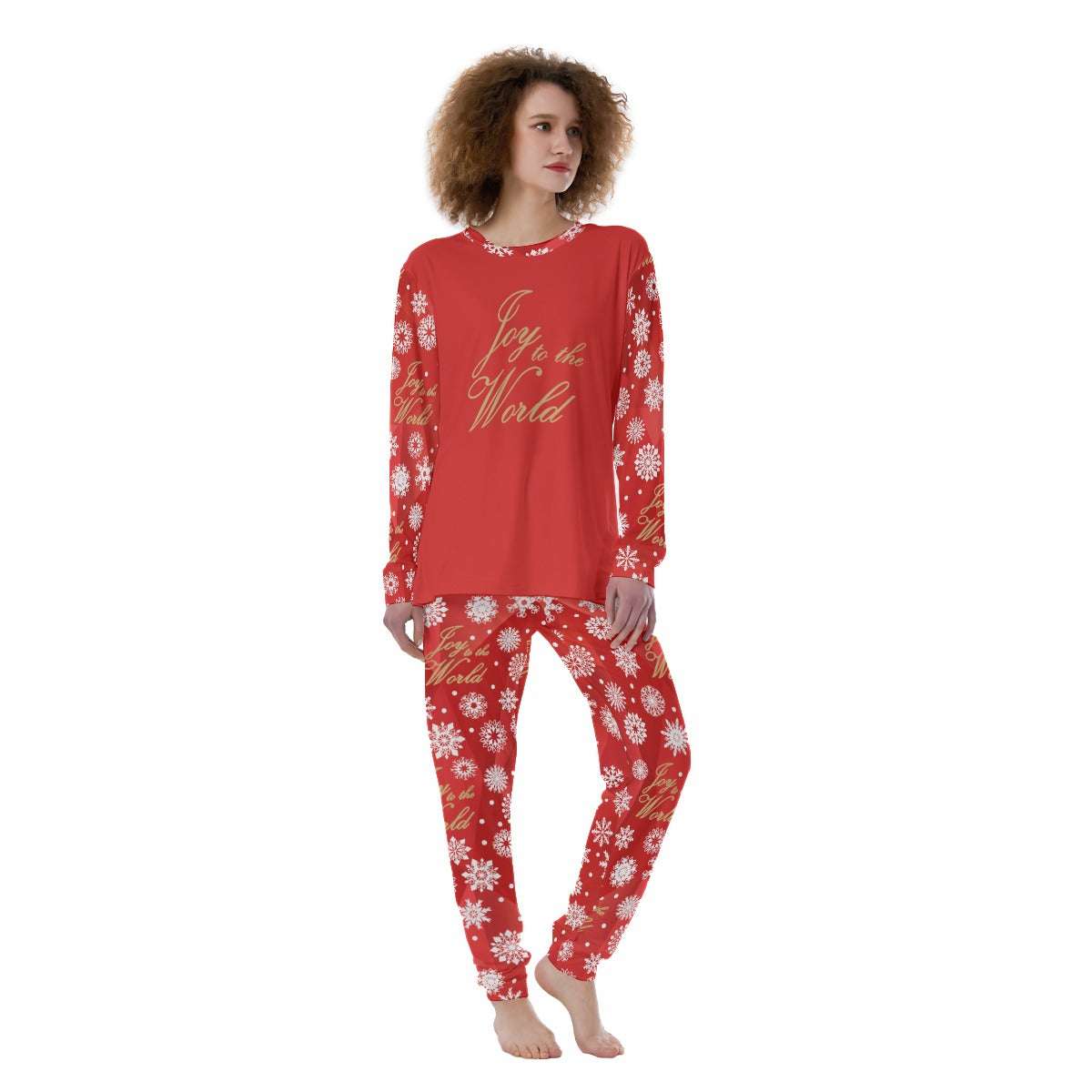 Joy to the World Snowflake Print Women’s Pajamas Set on Red Background