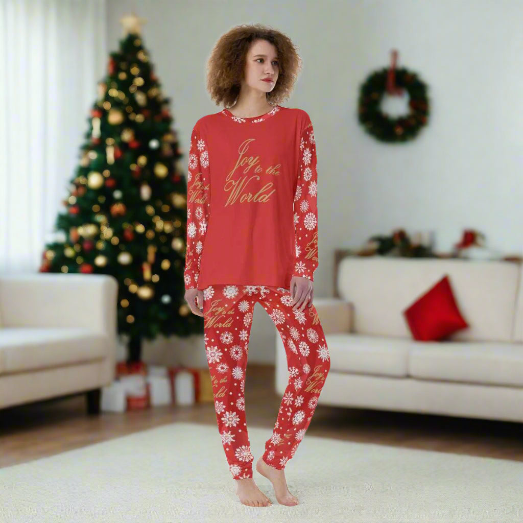 Joy to the World Snowflake Print Women’s Pajamas Set on Red Background - Printspirationz