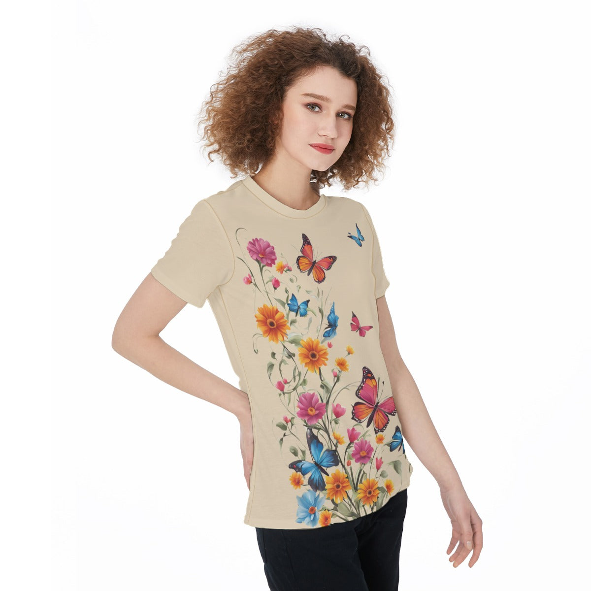 Lightweight Beige Sports Jersey T-Shirt with Flowers and Butterfly Graphic for Women – Breathable Activewear Top - Printspirationz