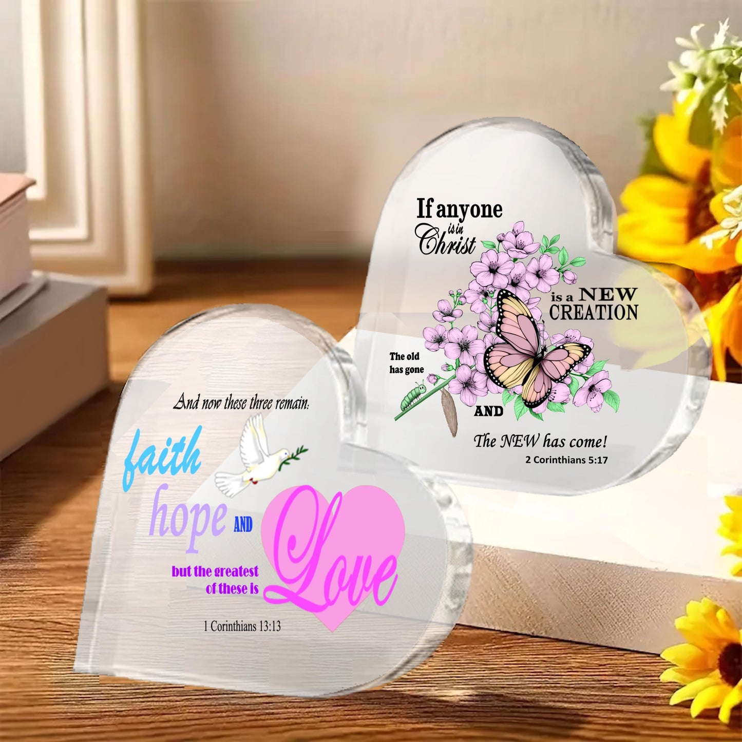 1 Corinthians 13:13 Heart Shaped Acrylic Ornament, Faith Hope, & Love Bible Verse Graphic, Christian Valentine's Gift for Her, Women of God - Printspirationz