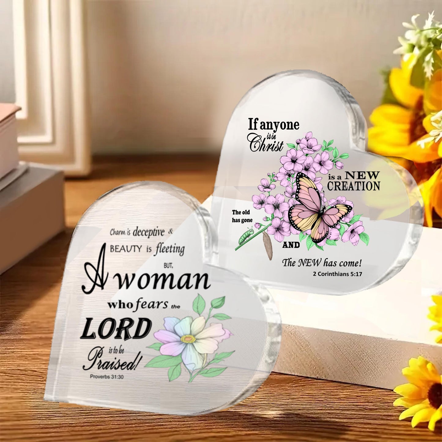2 Corinthians 5:13 Heart Shaped Acrylic Desktop Ornament, New Creation Bible Verse Graphic, Christian Valentine's Gift for Her, Women of God - Printspirationz