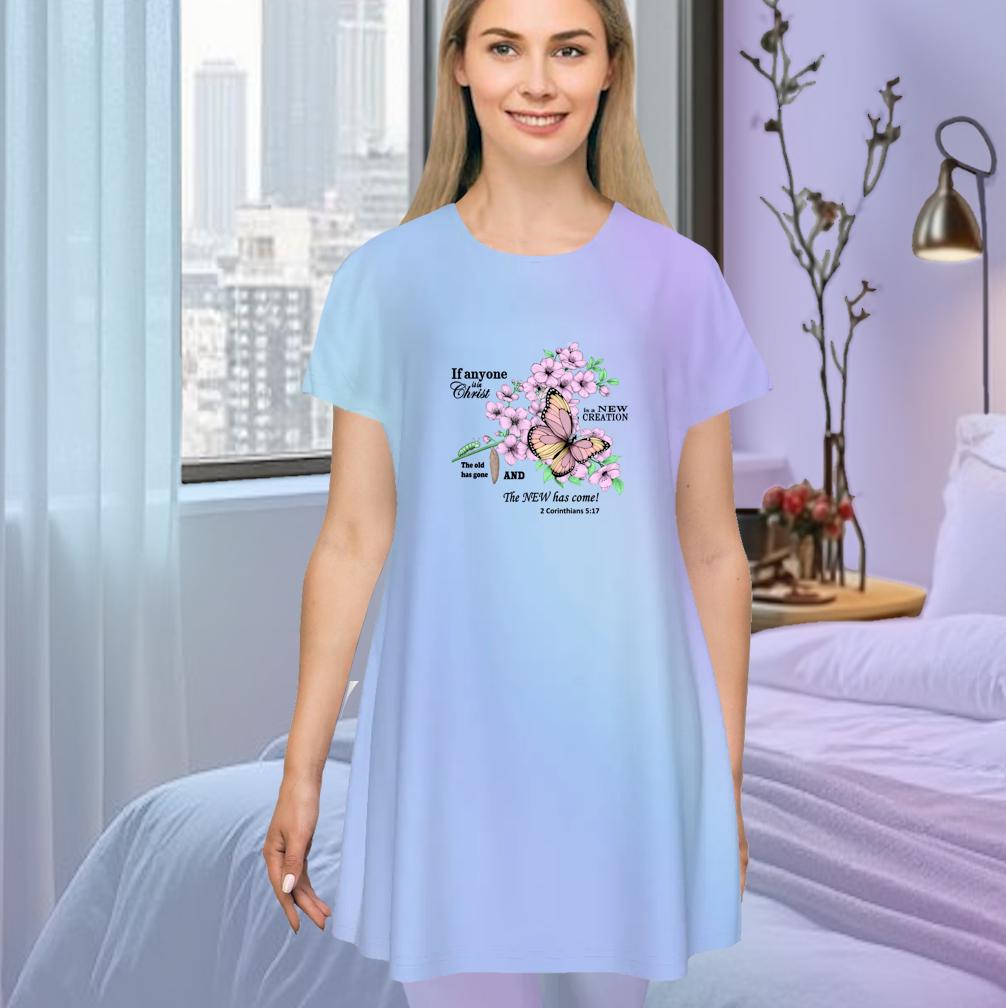 Cute Oversized T-shirt, 2 Corinthians 5:17, New Creation Bible Verse Graphic, Women's Short Sleeve Nightshirt, Sleep Dress, Blue Gradient - Printspirationz