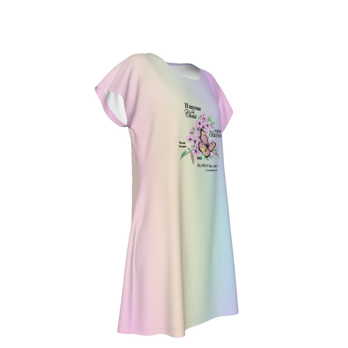 Cute Oversized T-shirt, 2 Corinthians 5:17, New Creation Bible Verse Graphic, Women's Short Sleeve Nightshirt, Sleep Dress, Pastel Rainbow - Printspirationz