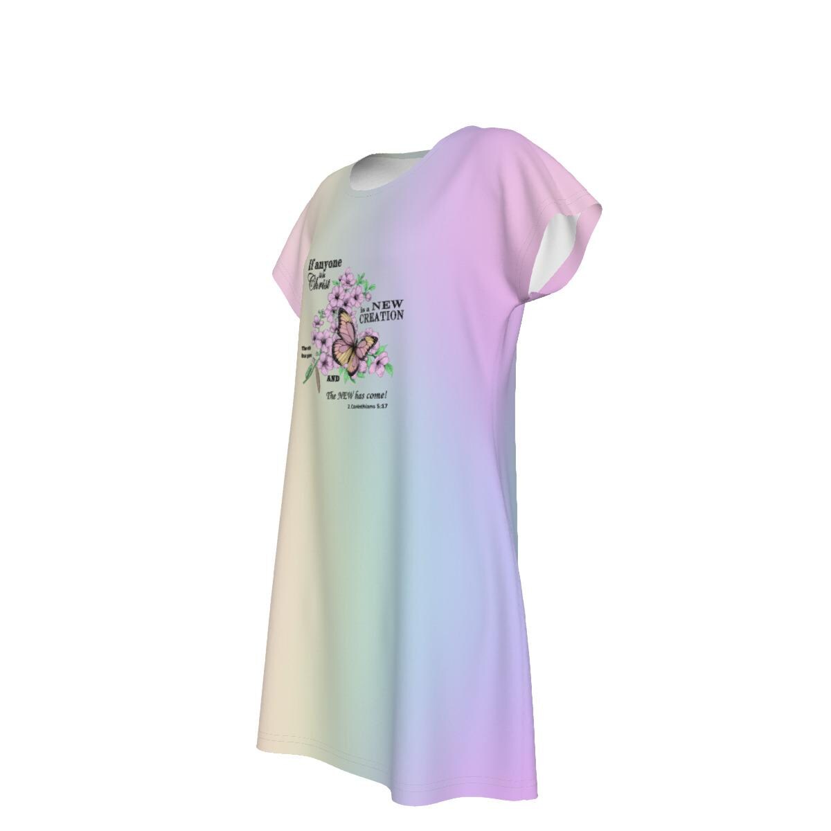 Cute Oversized T-shirt, 2 Corinthians 5:17, New Creation Bible Verse Graphic, Women's Short Sleeve Nightshirt, Sleep Dress, Pastel Rainbow - Printspirationz