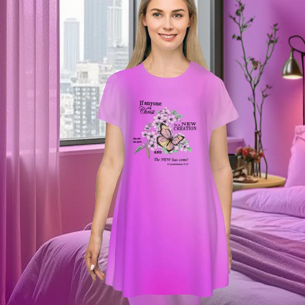 Cute Oversized T-shirt, 2 Corinthians 5:17, New Creation Bible Verse Graphic, Women's Short Sleeve Nightshirt, Sleep Dress, Pink Gradient - Printspirationz