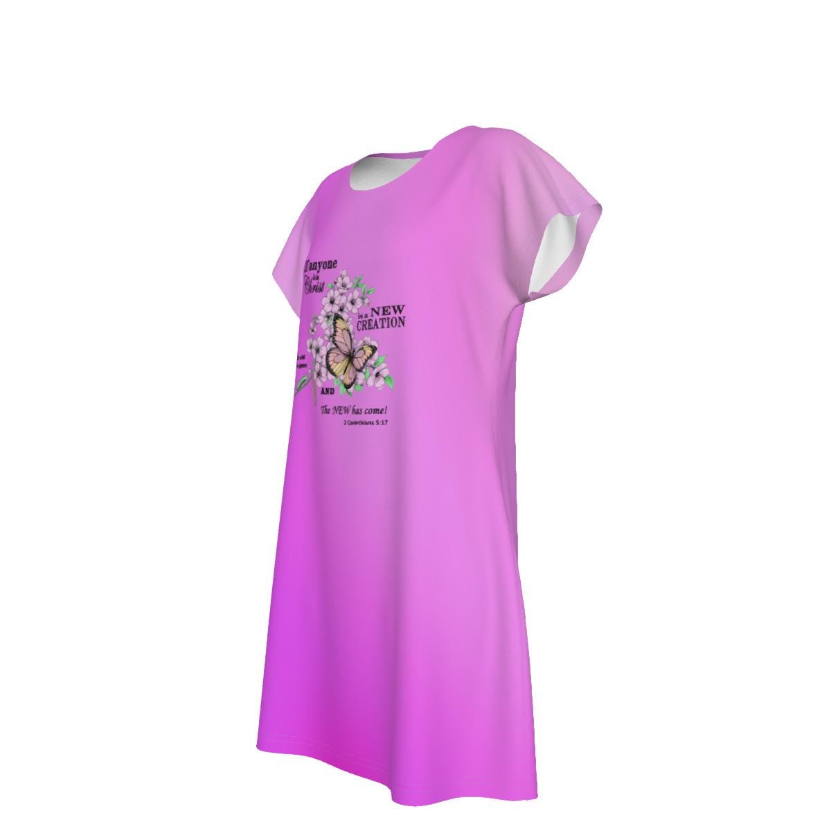 Cute Oversized T-shirt, 2 Corinthians 5:17, New Creation Bible Verse Graphic, Women's Short Sleeve Nightshirt, Sleep Dress, Pink Gradient - Printspirationz