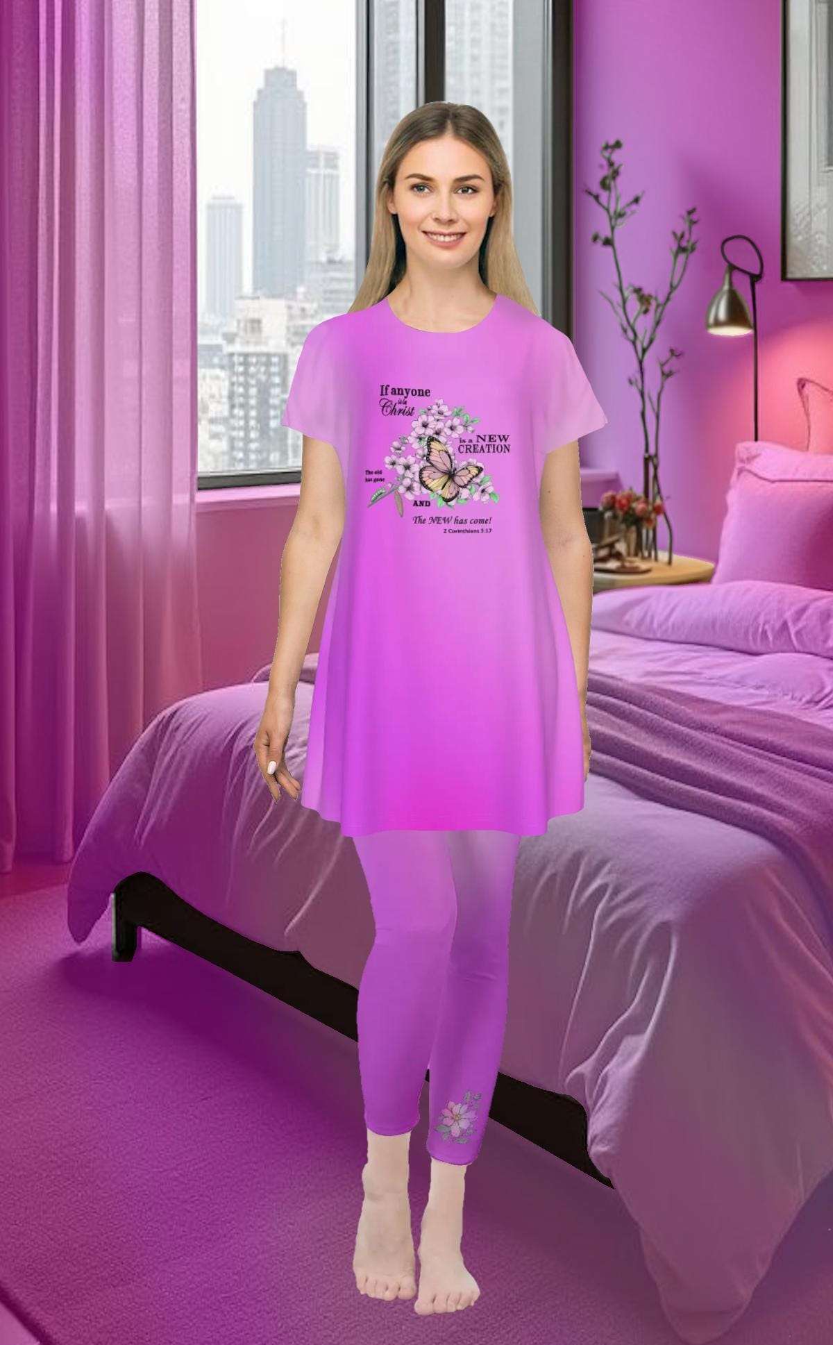 Cute Oversized T-shirt, 2 Corinthians 5:17, New Creation Bible Verse Graphic, Women's Short Sleeve Nightshirt, Sleep Dress, Pink Gradient