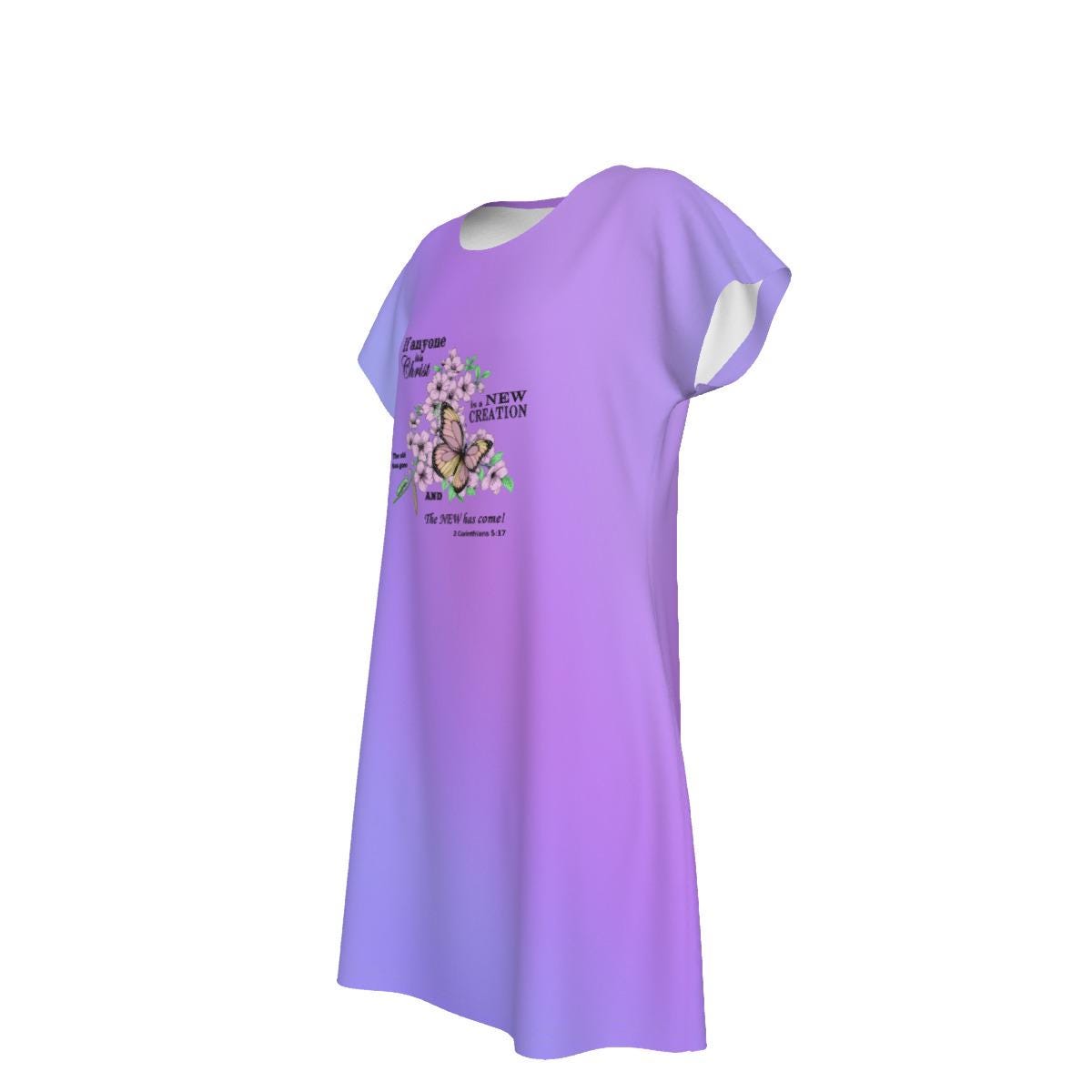 Cute Oversized T-shirt, 2 Corinthians 5:17, New Creation Bible Verse Graphic, Women's Short Sleeve Nightshirt, Sleep Dress, Purple Gradient - Printspirationz