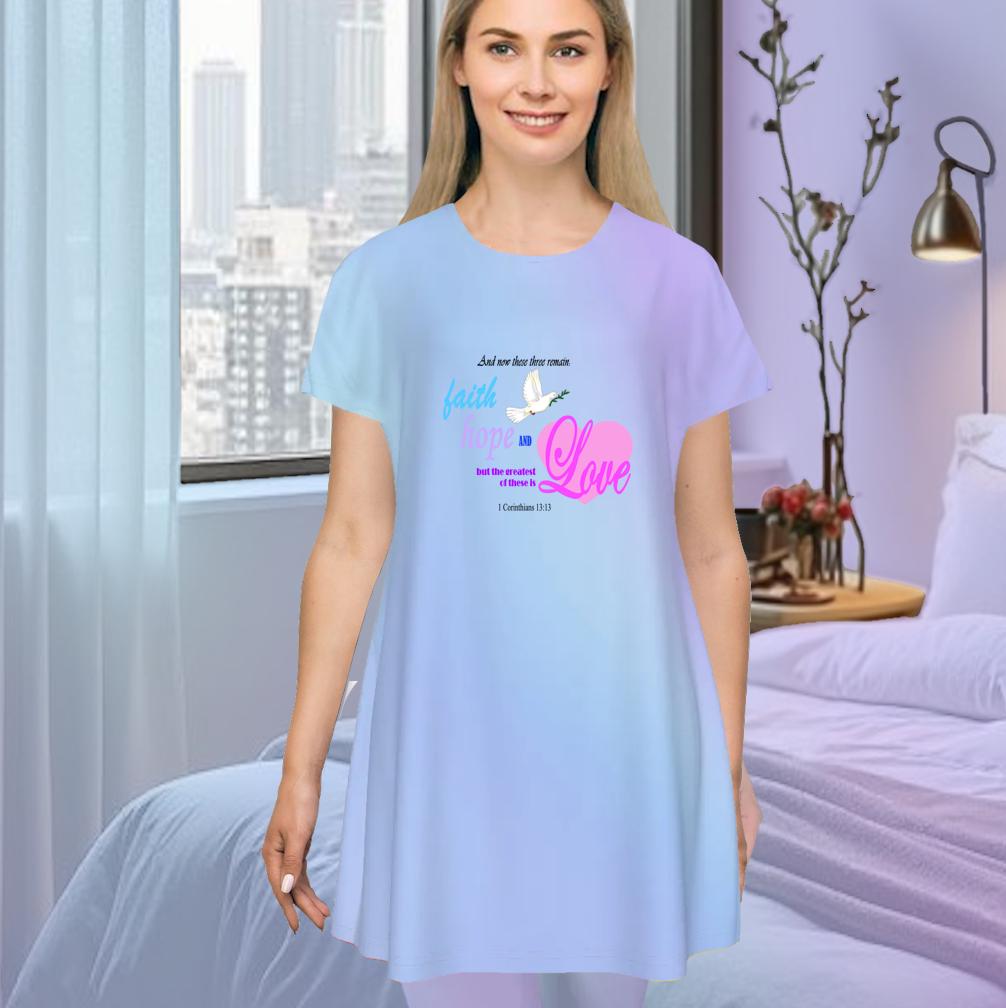 Faith Hope Love Oversized T-Shirt | Light Blue Gradient Tee with Inspirational Bible Verse, Women's Short Sleeve Night Dress - Printspirationz