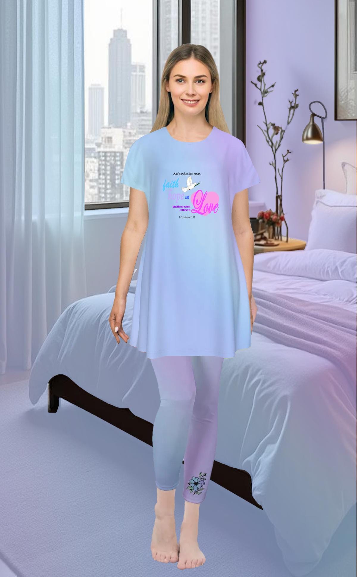 Faith Hope Love Oversized T-Shirt | Light Blue Gradient Tee with Inspirational Bible Verse, Women's Short Sleeve Night Dress - Printspirationz