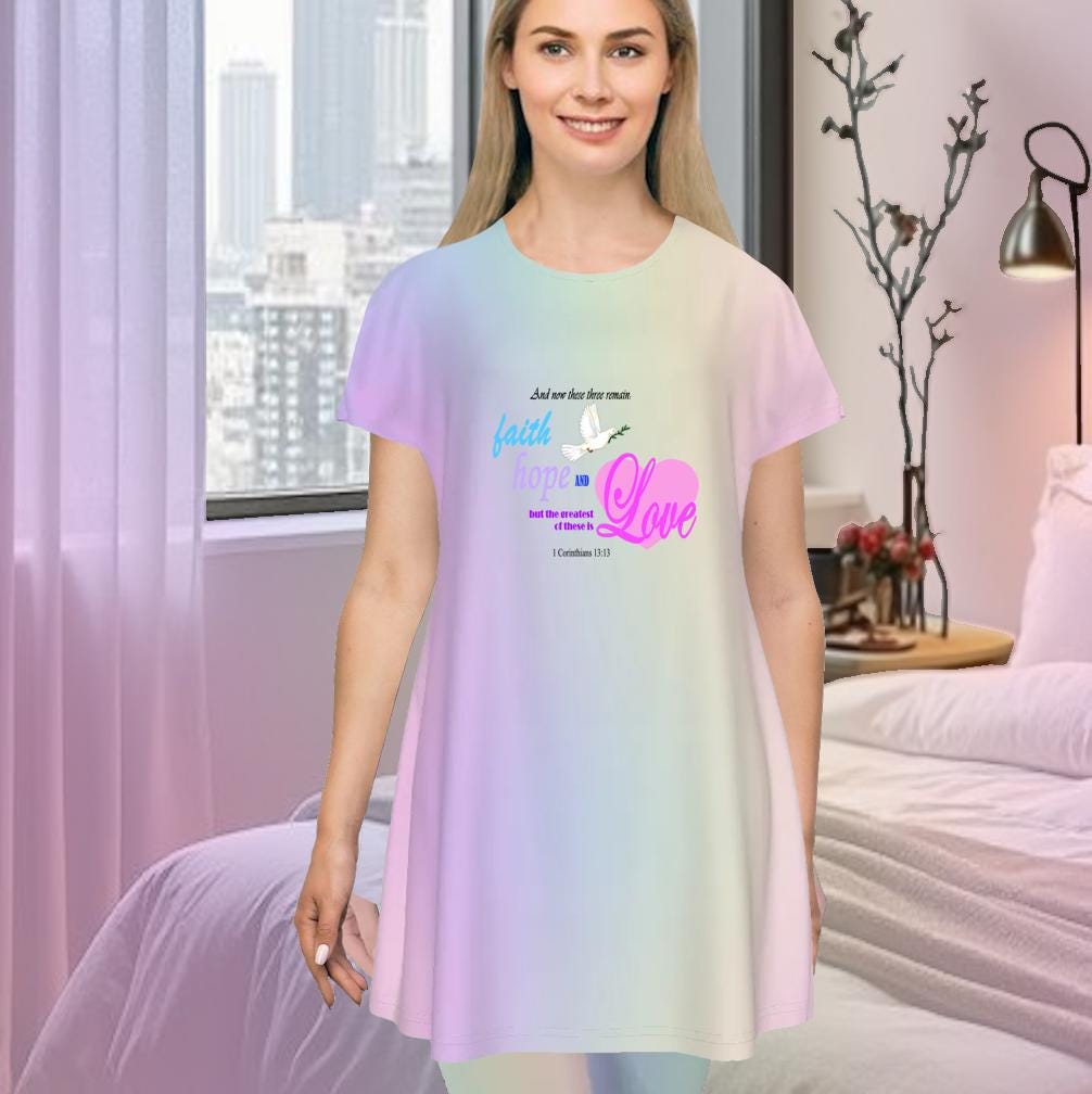 Faith Hope Love Oversized T-Shirt | Pastel Rainbow Gradient Tee, Inspirational Bible Verse, Women's Short Sleeve Nightshirt, Sleep Dress - Printspirationz
