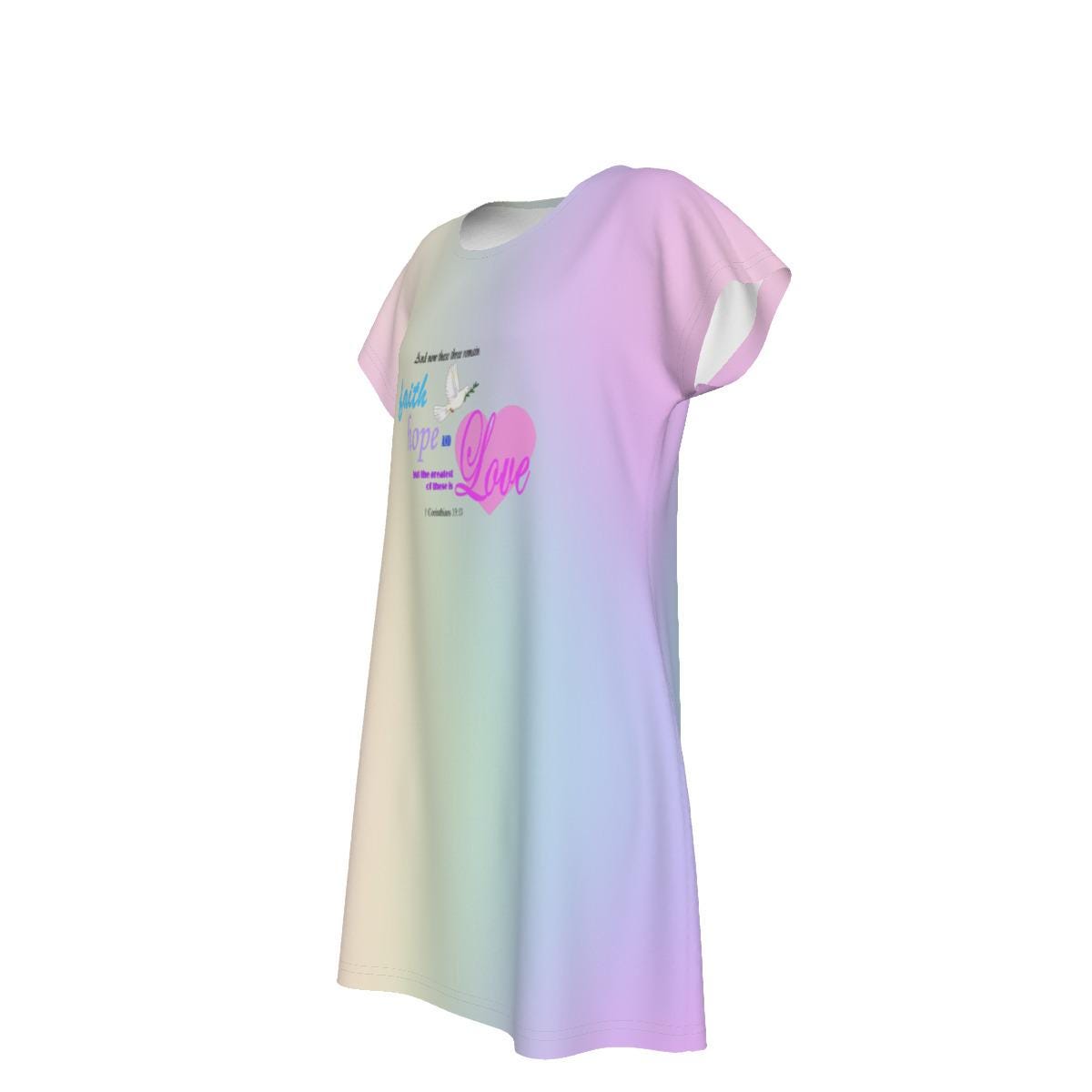 Faith Hope Love Oversized T-Shirt | Pastel Rainbow Gradient Tee, Inspirational Bible Verse, Women's Short Sleeve Nightshirt, Sleep Dress - Printspirationz