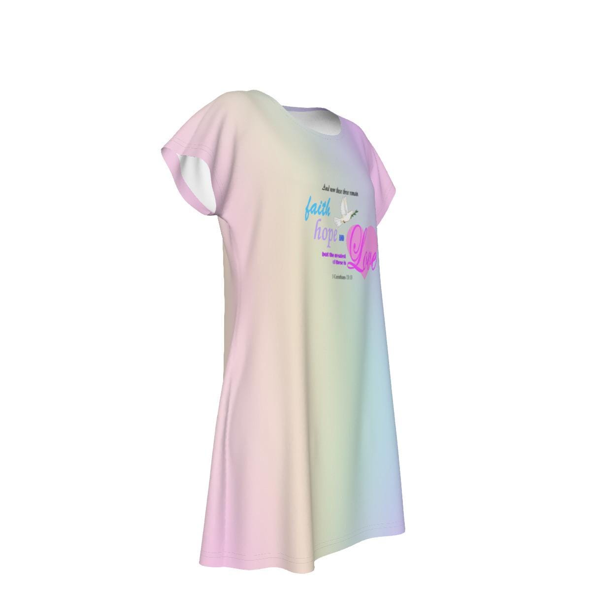Faith Hope Love Oversized T-Shirt | Pastel Rainbow Gradient Tee, Inspirational Bible Verse, Women's Short Sleeve Nightshirt, Sleep Dress - Printspirationz