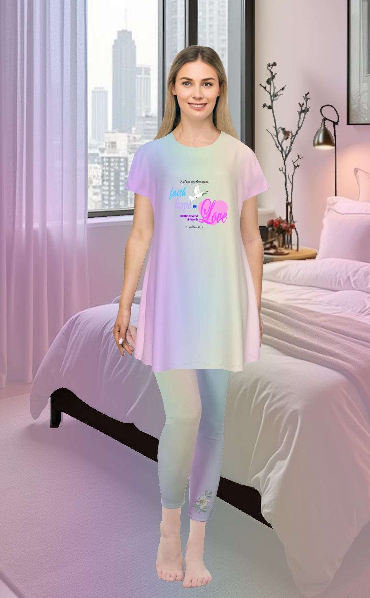 Faith Hope Love Oversized T-Shirt | Pastel Rainbow Gradient Tee, Inspirational Bible Verse, Women's Short Sleeve Nightshirt, Sleep Dress