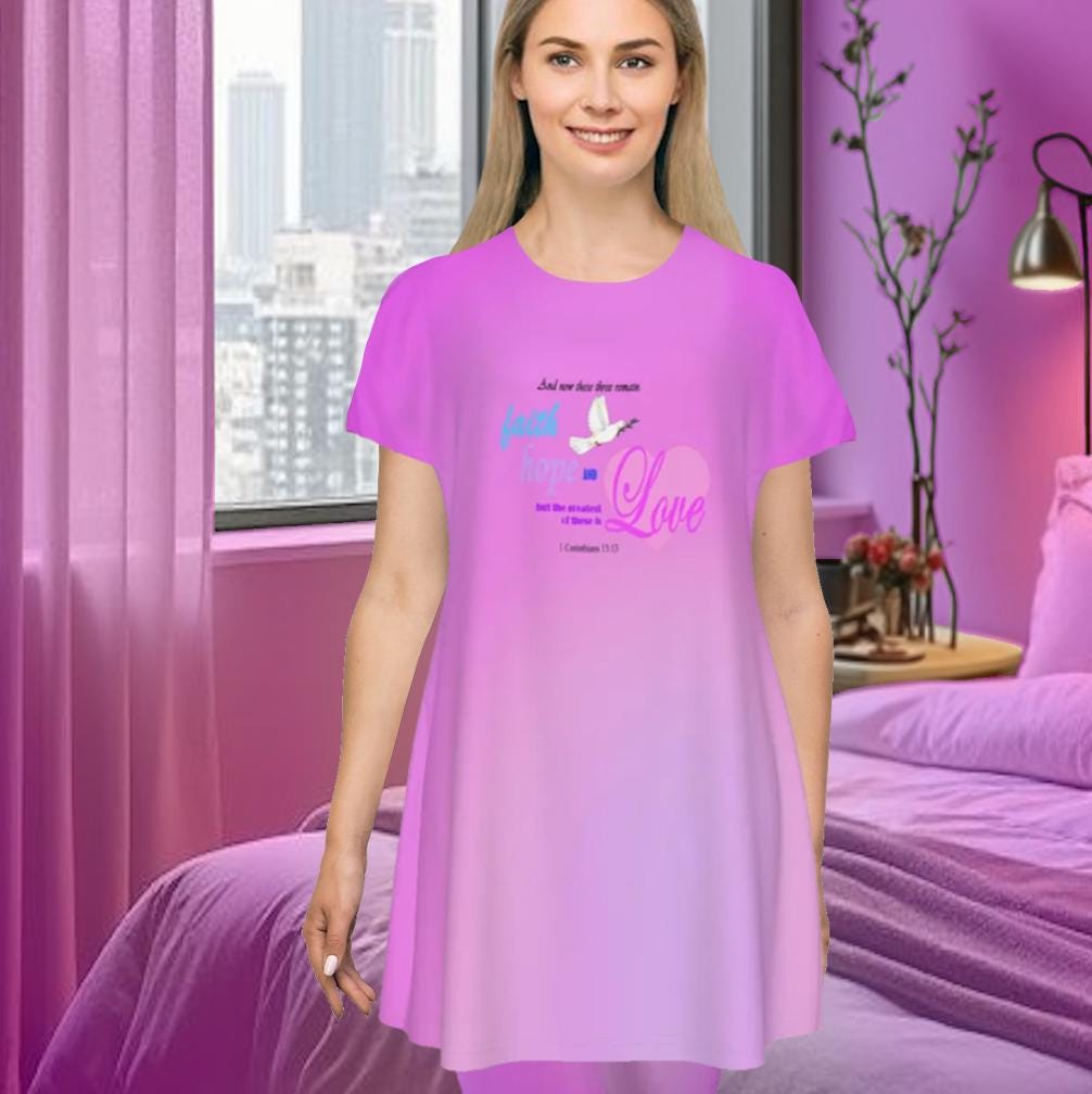 Faith Hope Love Oversized T-Shirt | Pink Gradient Tee with Inspirational Bible Verse, Women's Short Sleeve Nightshirt, Sleep Dress - Printspirationz