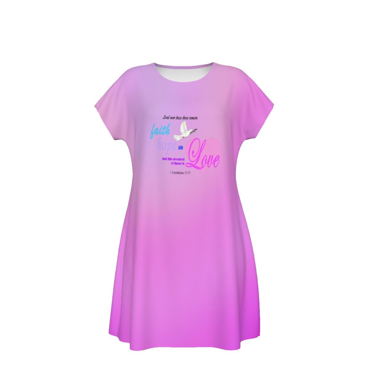 Faith Hope Love Oversized T-Shirt | Pink Gradient Tee with Inspirational Bible Verse, Women's Short Sleeve Nightshirt, Sleep Dress - Printspirationz