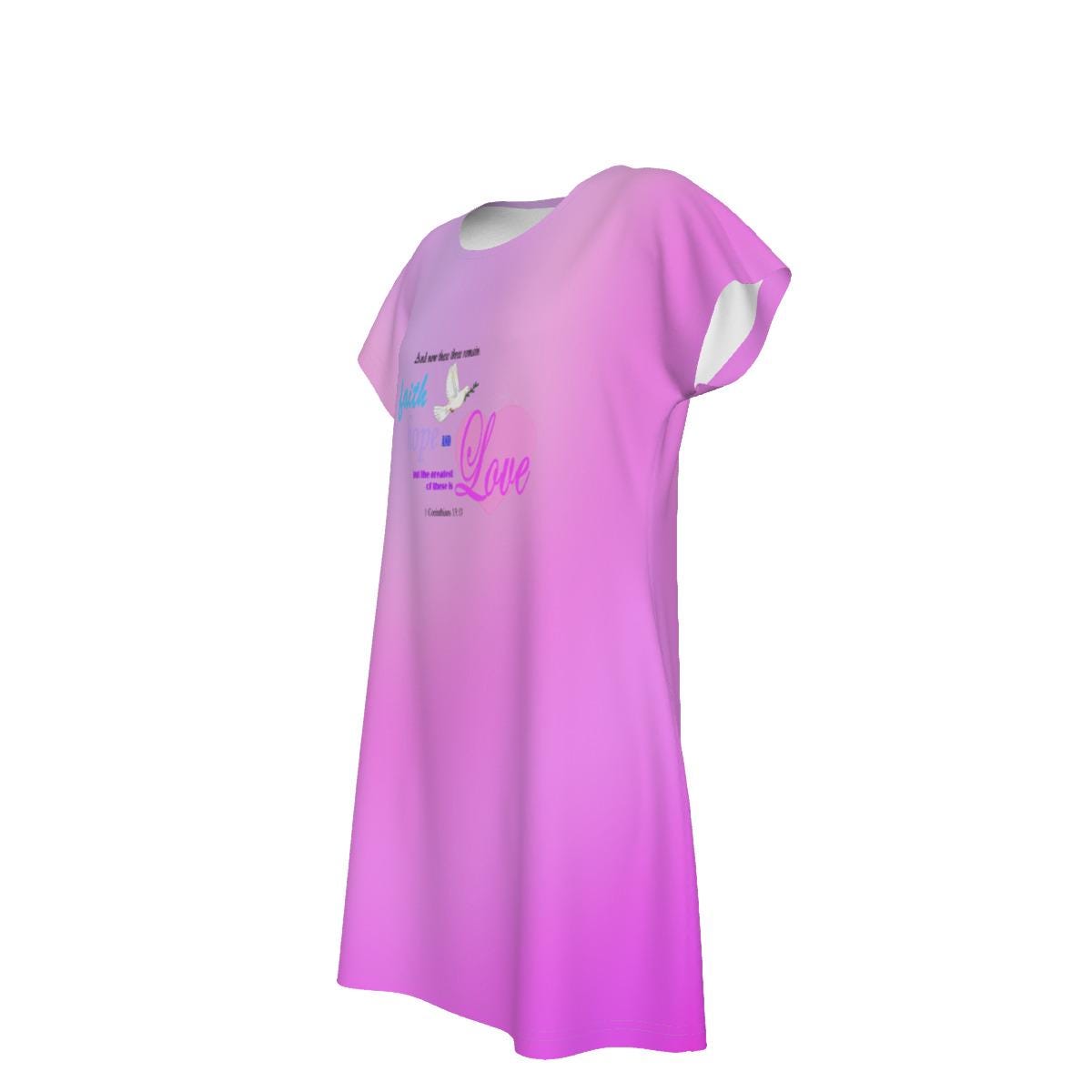 Faith Hope Love Oversized T-Shirt | Pink Gradient Tee with Inspirational Bible Verse, Women's Short Sleeve Nightshirt, Sleep Dress - Printspirationz