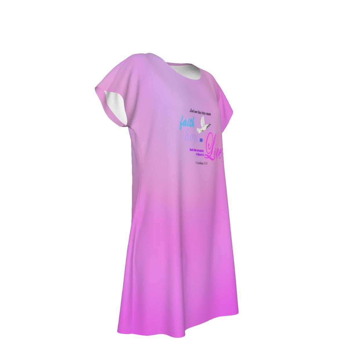 Faith Hope Love Oversized T-Shirt | Pink Gradient Tee with Inspirational Bible Verse, Women's Short Sleeve Nightshirt, Sleep Dress - Printspirationz