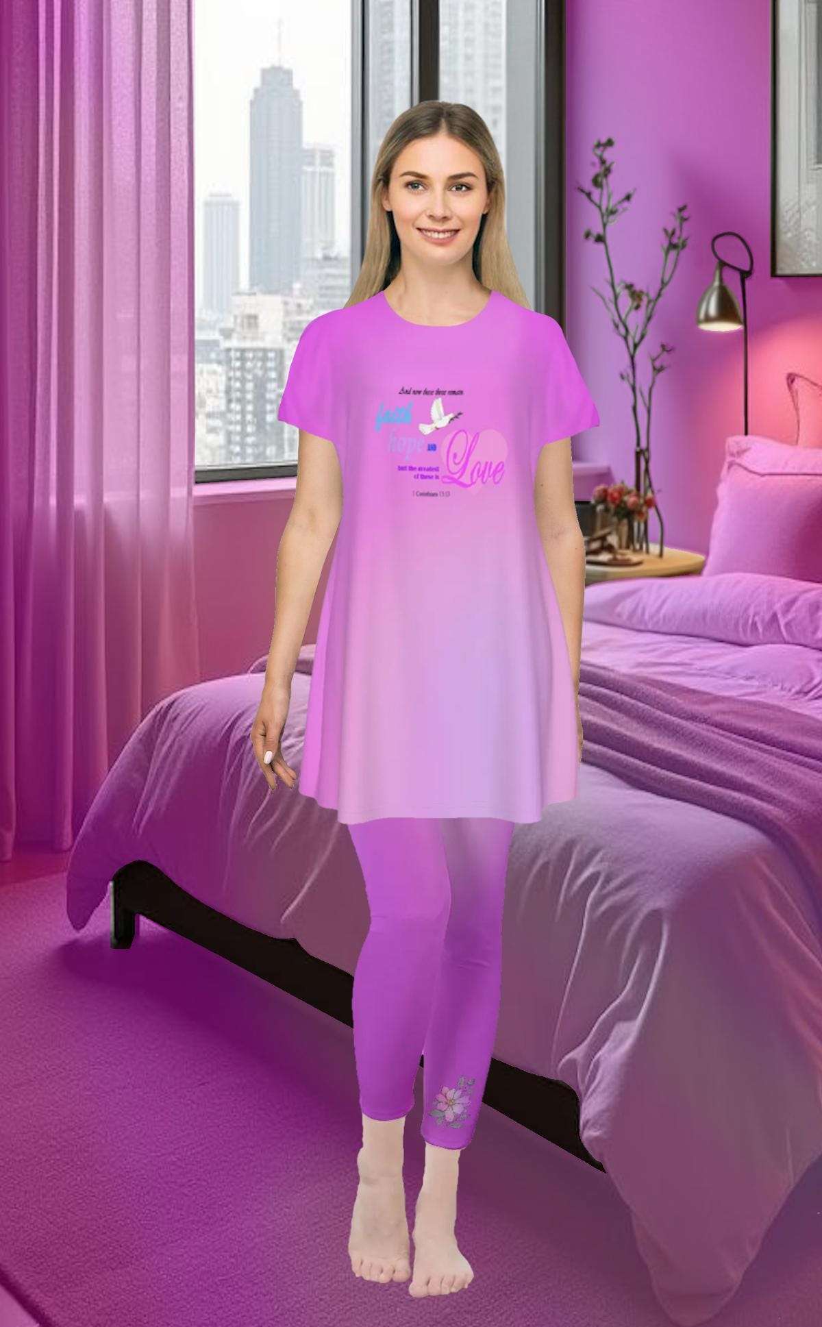 Faith Hope Love Oversized T-Shirt | Pink Gradient Tee with Inspirational Bible Verse, Women's Short Sleeve Nightshirt, Sleep Dress
