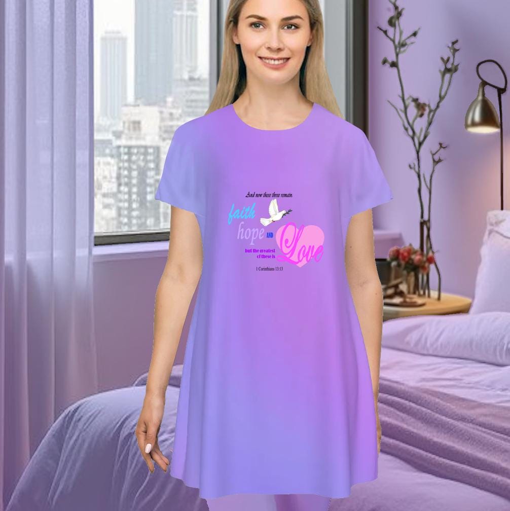 Faith Hope Love Oversized T-Shirt | Purple Gradient Tee with Inspirational Bible Verse, Women's Short Sleeve Nightshirt, Sleep Dress - Printspirationz