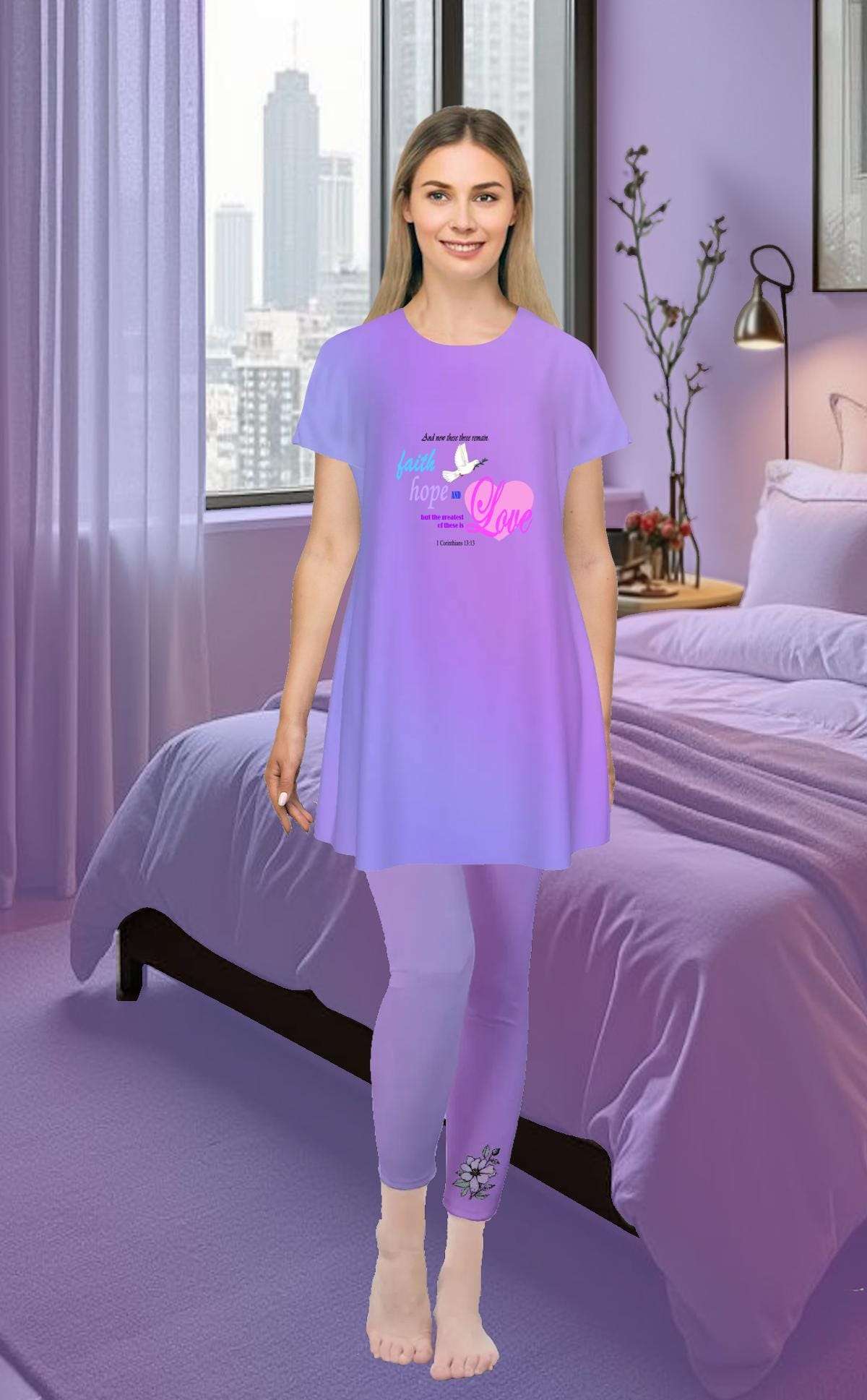 Faith Hope Love Oversized T-Shirt | Purple Gradient Tee with Inspirational Bible Verse, Women's Short Sleeve Nightshirt, Sleep Dress