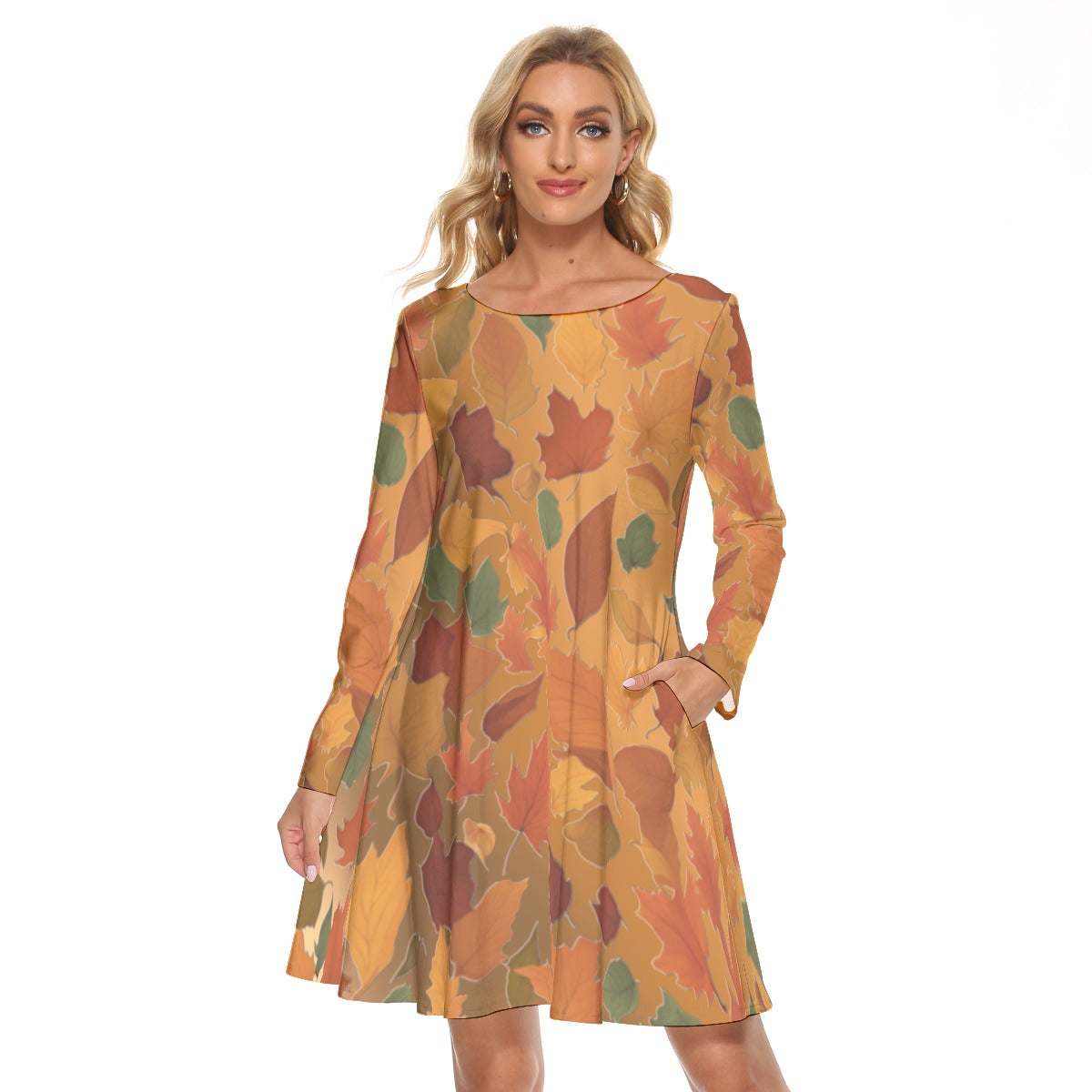 Long Sleeve Knee Length Women's Dress Fall Colored Leaves Brown Gradient Background w/ Pockets, Party Dress, Woman's Mini Cocktail Dress - Printspirationz
