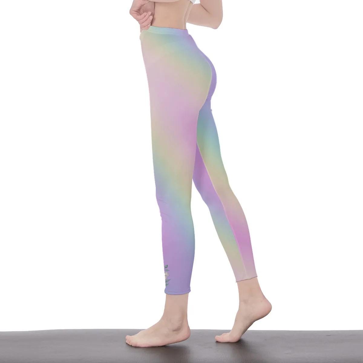 Pastel Rainbow Stylish Floral Decal Casual Solid Leggings for Women - Exercise Pants, Skinny Fit, Sporty, Yoga Pants - Comfy Everyday Wear - Printspirationz