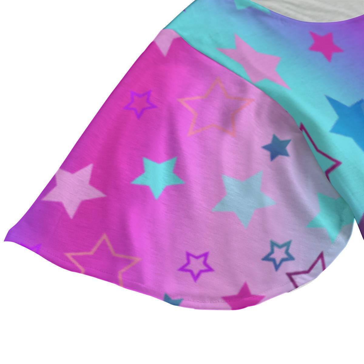 Pink Blue Purple Stars ColorfulRound Neck Short Sleeve Butterfly Sleeves Tunic Mini Dress For Women - Printspirationz