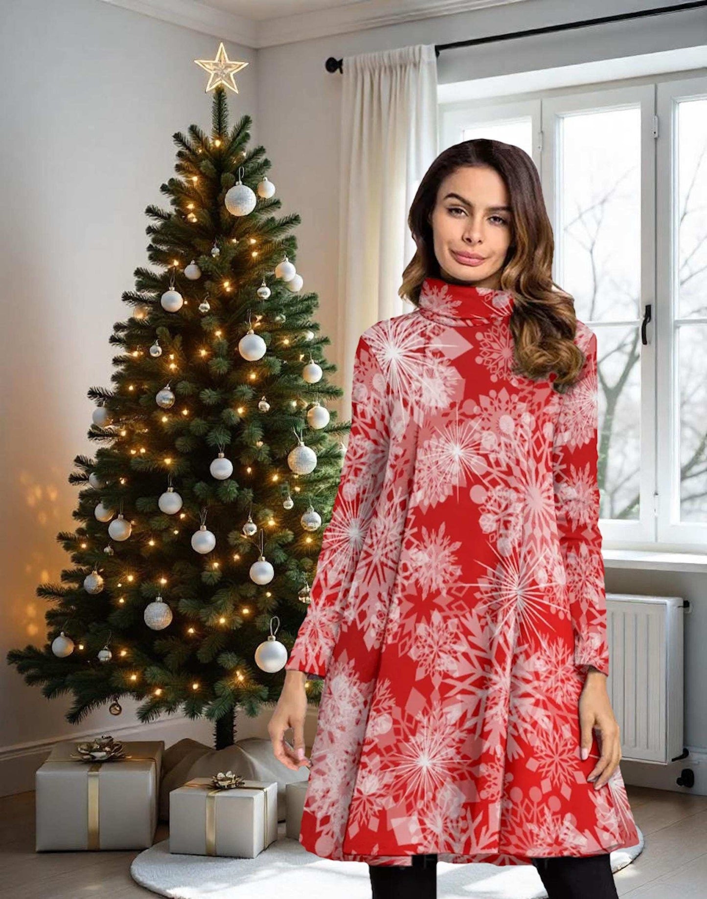 Red High Neck Snowflake Mini Dress - Elegant Above the Knee Winter Design, Christmas Party Cocktail Dress
