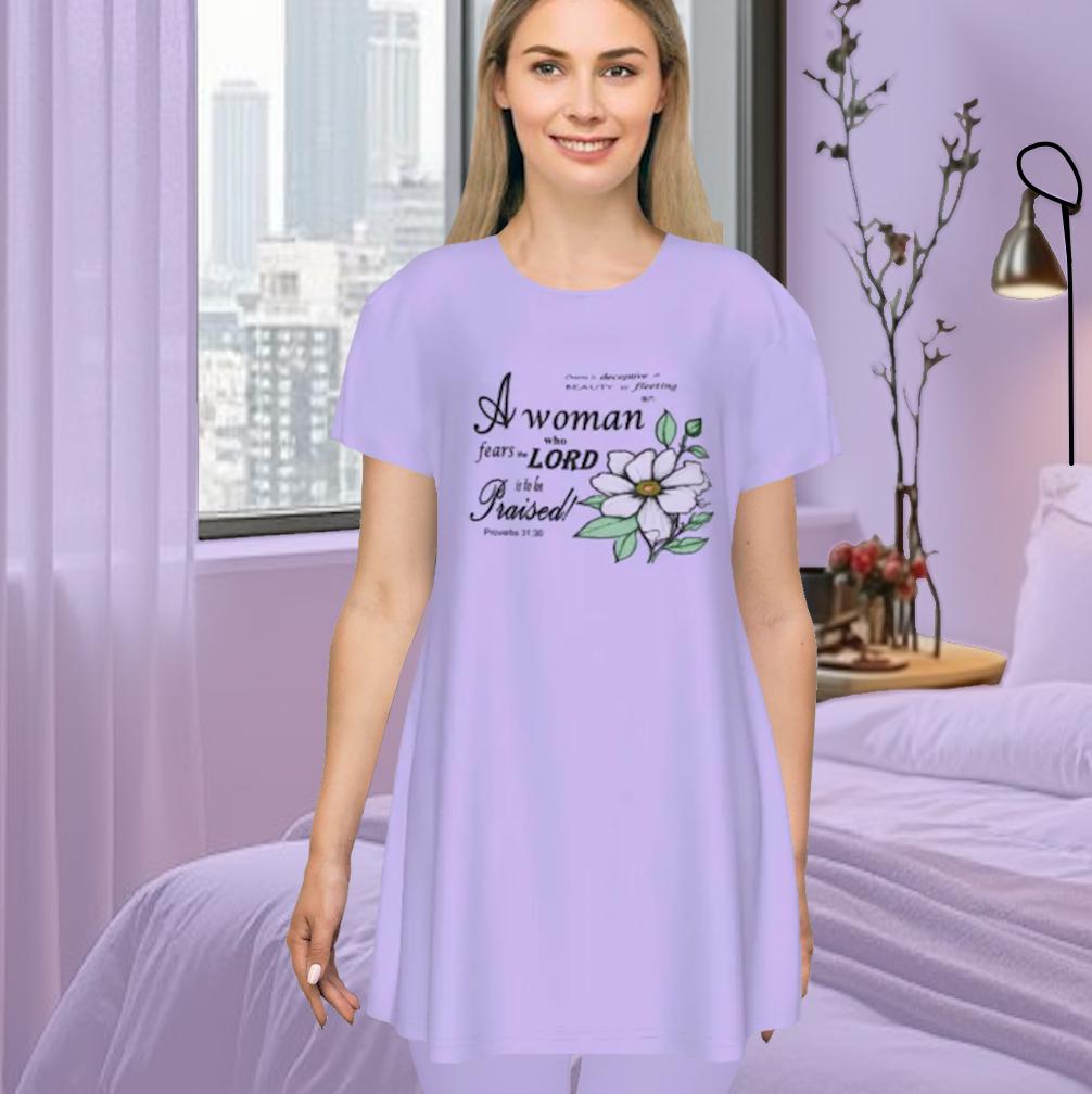 Versatile Women's Oversized Short Sleeve T-shirt Dress with Bible Verse Floral Scripture Proverbs 31:30 Design - Comfortable For Casual, Lounging, or Sleeping - Lavender - Printspirationz