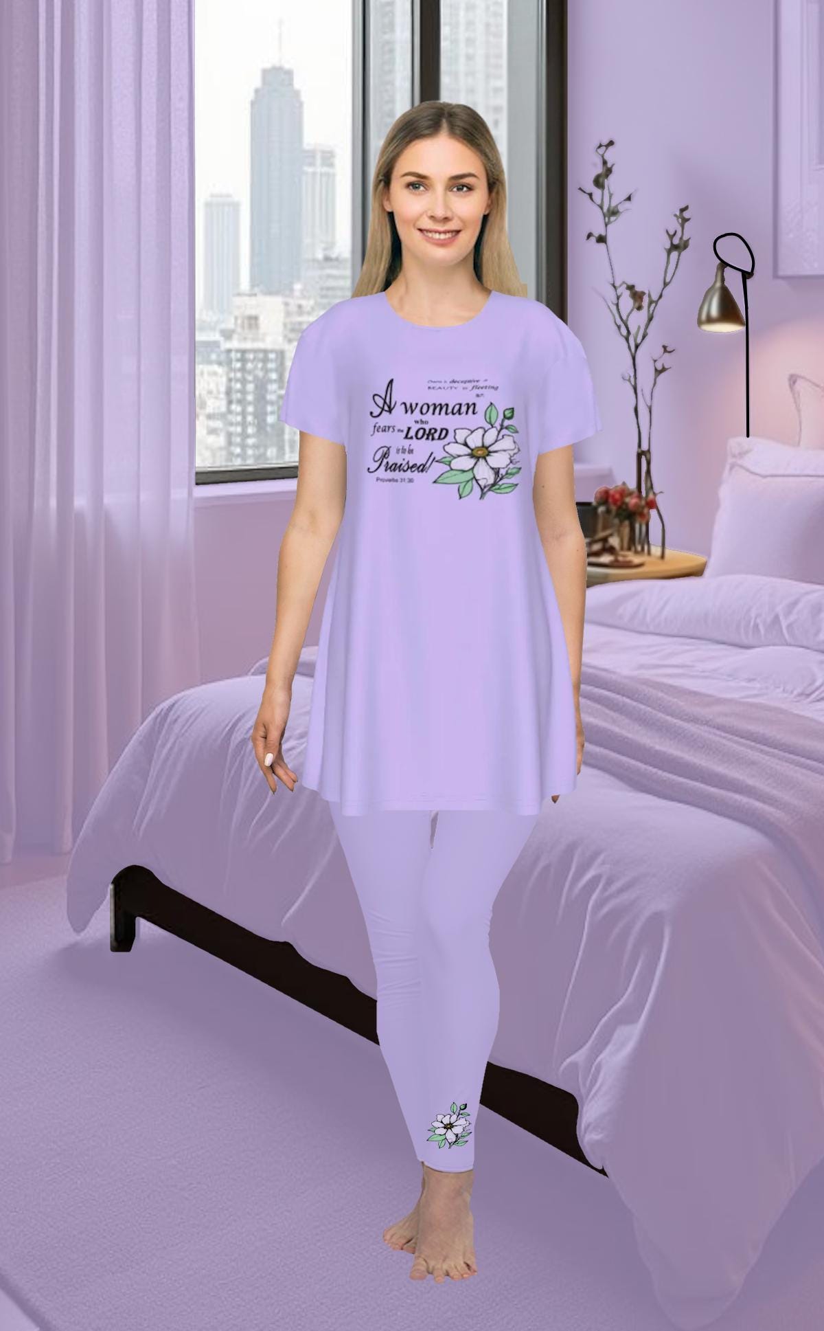 Versatile Women's Oversized Short Sleeve T-shirt Dress with Bible Verse Floral Scripture Proverbs 31:30 Design - Comfortable For Casual, Lounging, or Sleeping - Lavender - Printspirationz