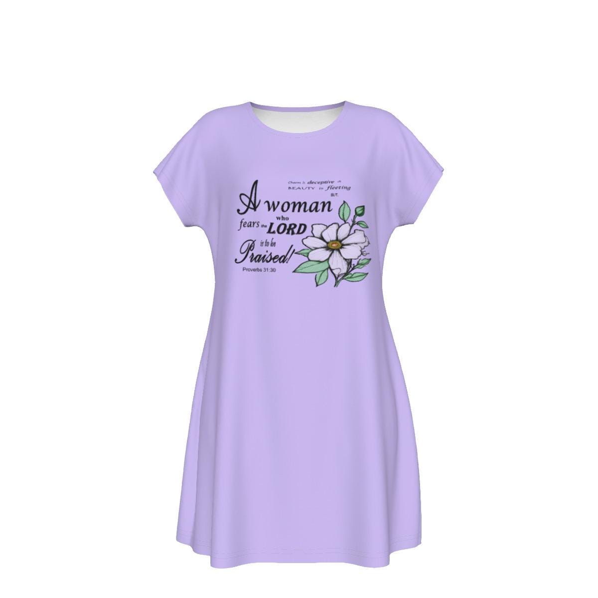 Versatile Women's Oversized Short Sleeve T-shirt Dress with Bible Verse Floral Scripture Proverbs 31:30 Design - Comfortable For Casual, Lounging, or Sleeping - Lavender - Printspirationz