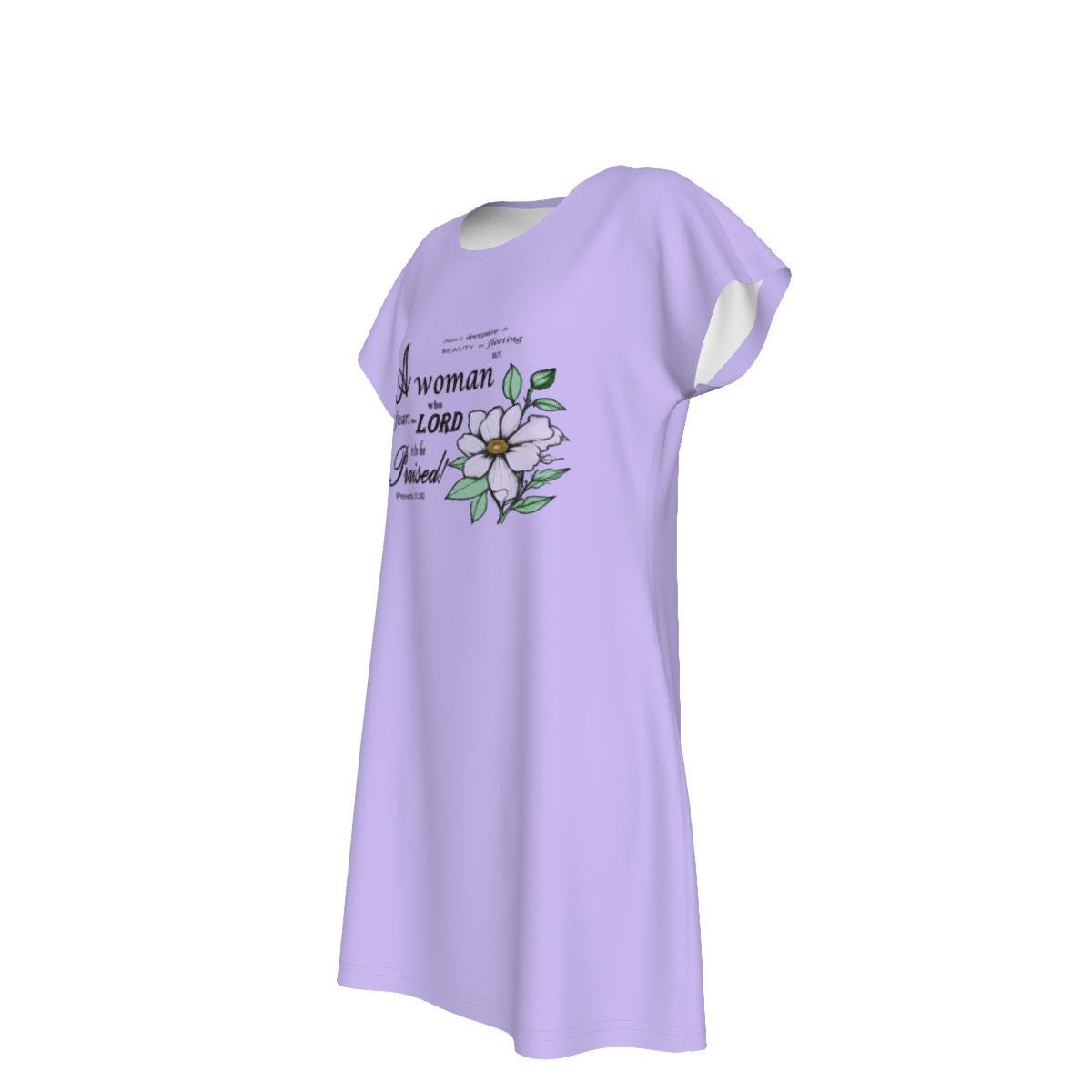 Versatile Women's Oversized Short Sleeve T-shirt Dress with Bible Verse Floral Scripture Proverbs 31:30 Design - Comfortable For Casual, Lounging, or Sleeping - Lavender - Printspirationz