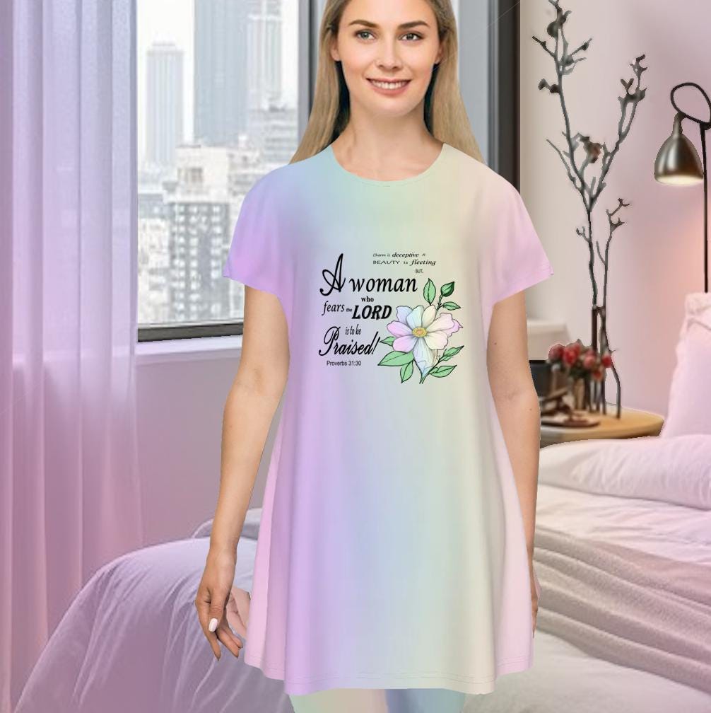 Versatile Women's Oversized Short Sleeve T-shirt Dress with Bible Verse Floral Scripture Proverbs 31:30 Design - Comfortable For Casual, Lounging, or Sleeping - Pastel Rainbow - Printspirationz