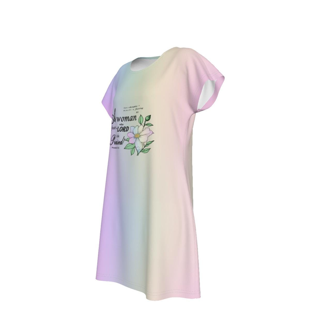 Versatile Women's Oversized Short Sleeve T-shirt Dress with Bible Verse Floral Scripture Proverbs 31:30 Design - Comfortable For Casual, Lounging, or Sleeping - Pastel Rainbow - Printspirationz