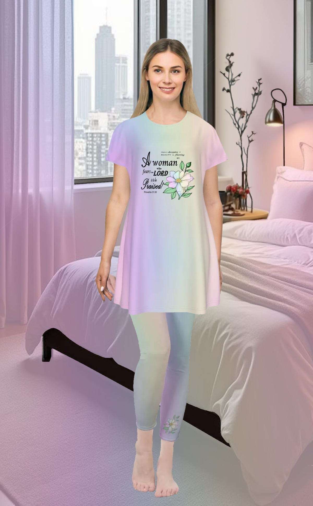 Versatile Women's Oversized Short Sleeve T-shirt Dress with Bible Verse Floral Scripture Proverbs 31:30 Design - Comfortable For Casual, Lounging, or Sleeping - Pastel Rainbow