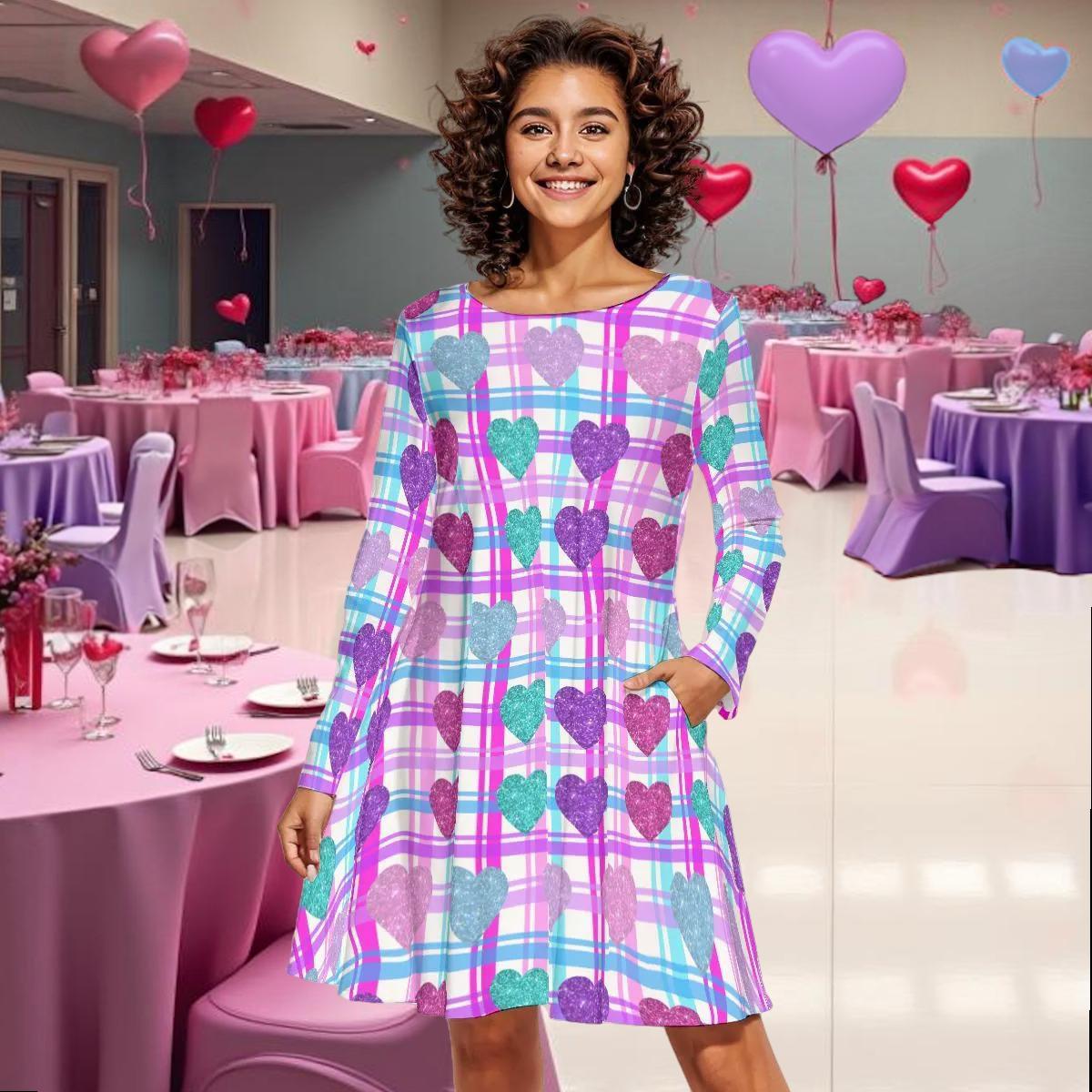 Vibrant Heart Print Long Sleeve Mini Dress | Above Knee Flared Style on Pink, Blue, Purple Plaid Background | Women's Valentine's Day Dress - Printspirationz