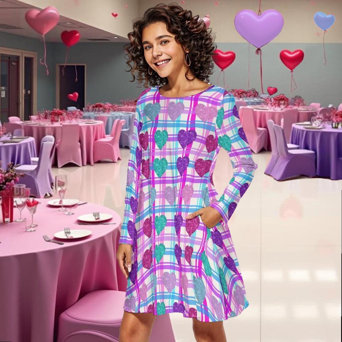 Vibrant Heart Print Long Sleeve Mini Dress | Above Knee Flared Style on Pink, Blue, Purple Plaid Background | Women's Valentine's Day Dress - Printspirationz