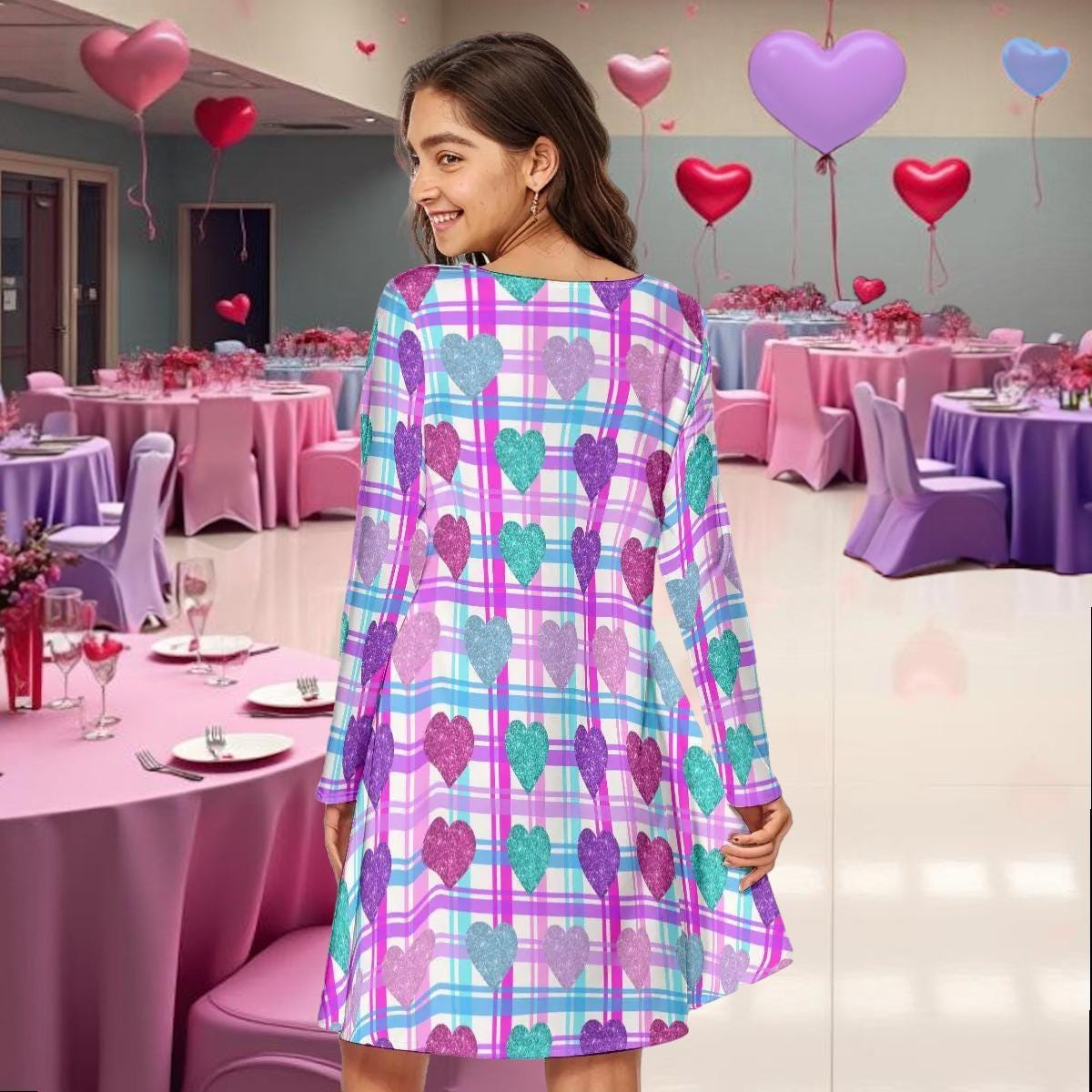 Vibrant Heart Print Long Sleeve Mini Dress | Above Knee Flared Style on Pink, Blue, Purple Plaid Background | Women's Valentine's Day Dress - Printspirationz