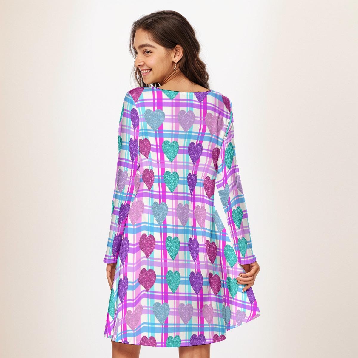 Vibrant Heart Print Long Sleeve Mini Dress | Above Knee Flared Style on Pink, Blue, Purple Plaid Background | Women's Valentine's Day Dress - Printspirationz