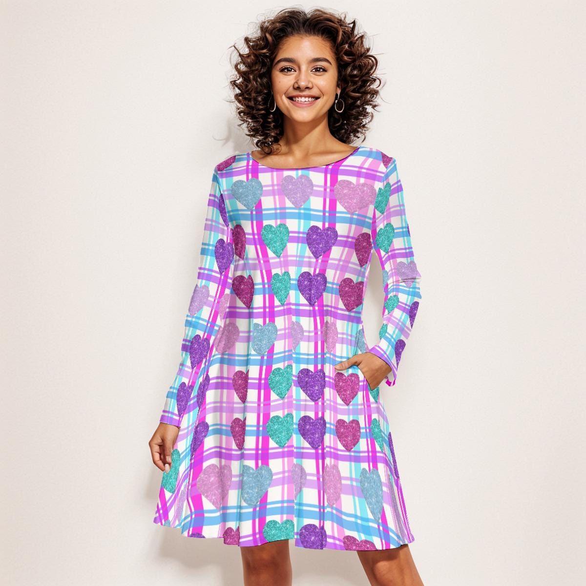 Vibrant Heart Print Long Sleeve Mini Dress | Above Knee Flared Style on Pink, Blue, Purple Plaid Background | Women's Valentine's Day Dress - Printspirationz