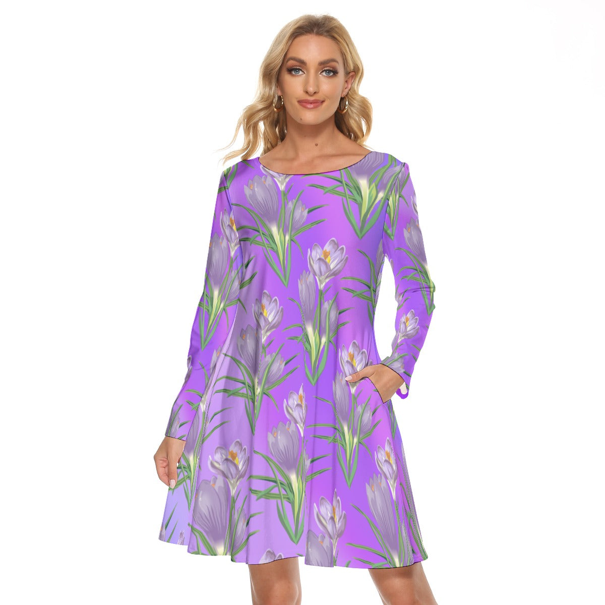 Women’s Crew Neck Dress – Purple Flowers on Purple Gradient Background, Elegant & Floral Everyday Style - Printspirationz
