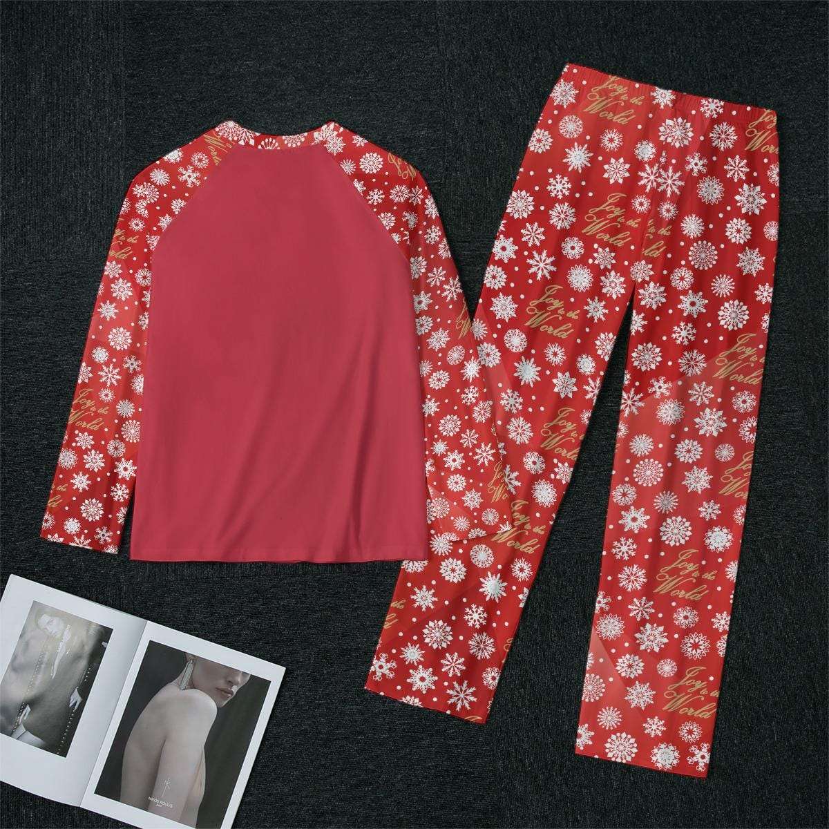 Women's Red Christmas Holiday Sleepwear Set, Festive 'Joy to the World' Quote - Matching family pajama outfit, long sleeves loungewear, 2 pc
