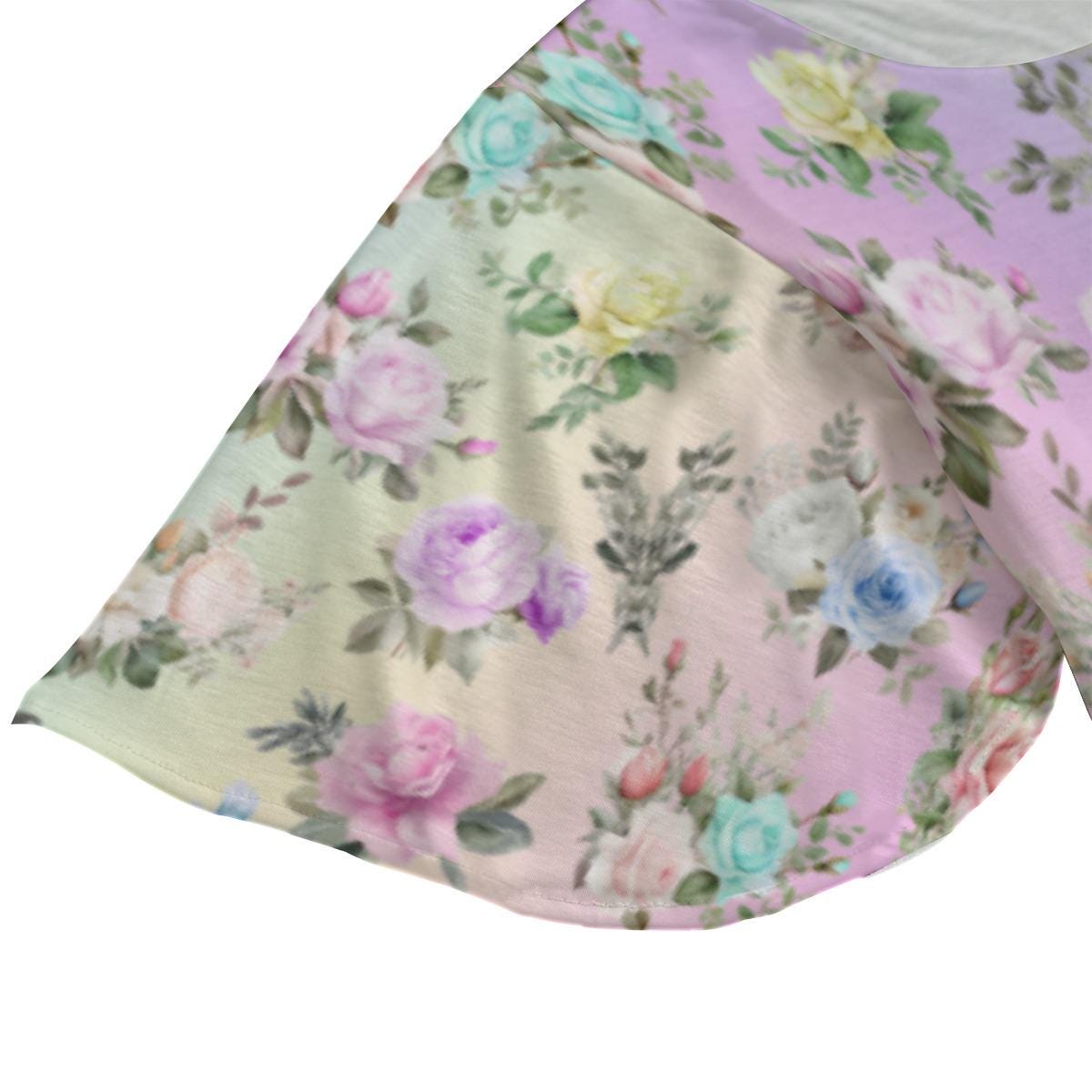Women’s Round Neck Short Sleeve Butterfly Sleeves Tunic Mini Dress with Pastel Floral Design – Elegant Ruffle Hem Casual Fashion Top - Printspirationz