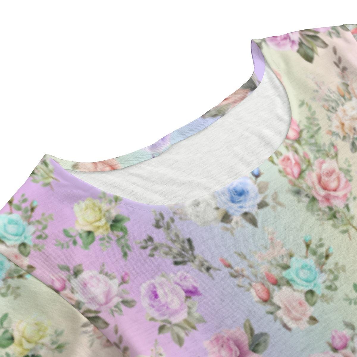 Women’s Round Neck Short Sleeve Butterfly Sleeves Tunic Mini Dress with Pastel Floral Design – Elegant Ruffle Hem Casual Fashion Top - Printspirationz