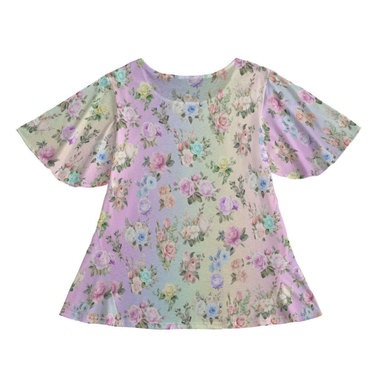 Women’s Round Neck Short Sleeve Butterfly Sleeves Tunic Mini Dress with Pastel Floral Design – Elegant Ruffle Hem Casual Fashion Top