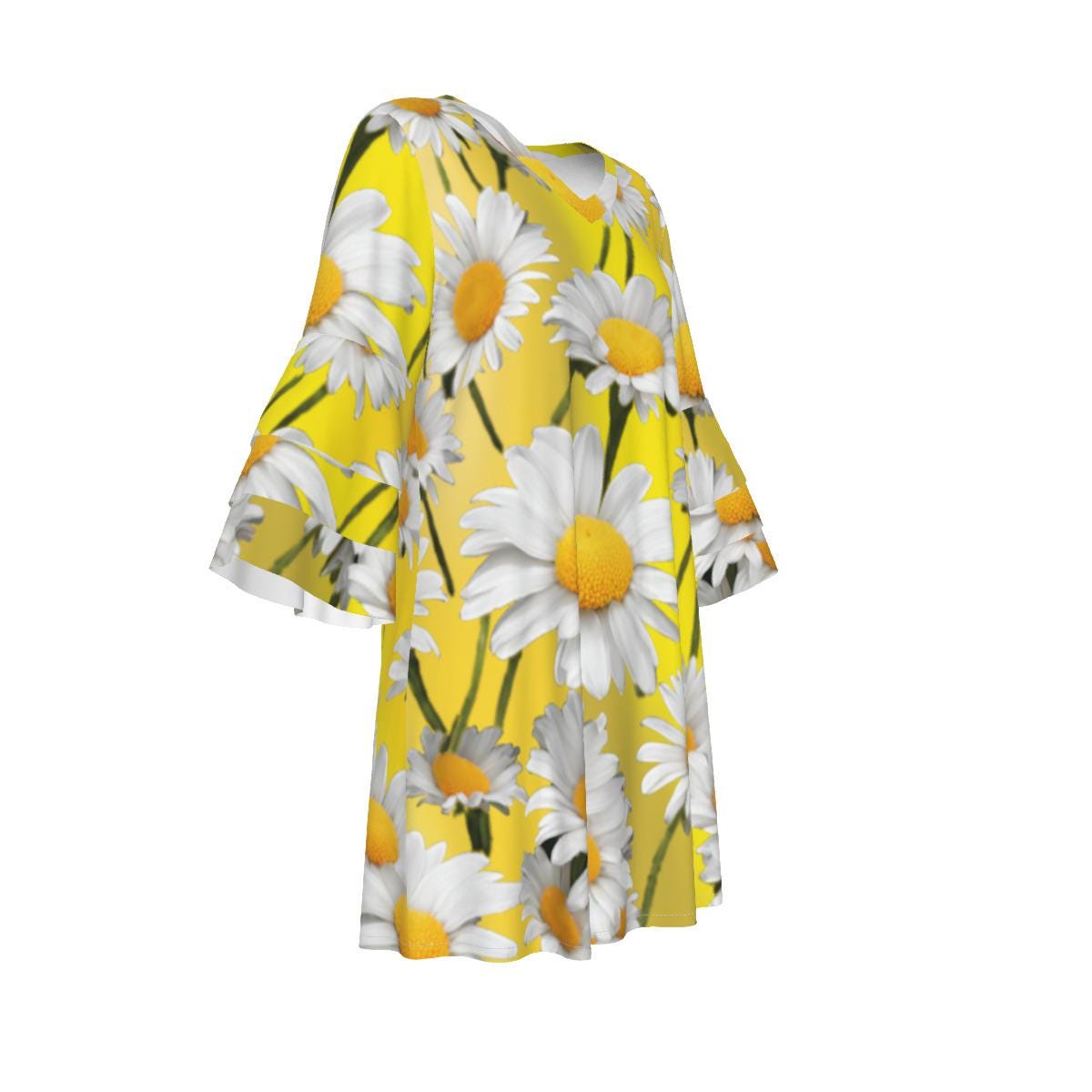 Yellow Daisy Stacked Ruffle Sleeve Dress - Perfect Summer Outfit - Adorable, Cute & Comfy - Printspirationz