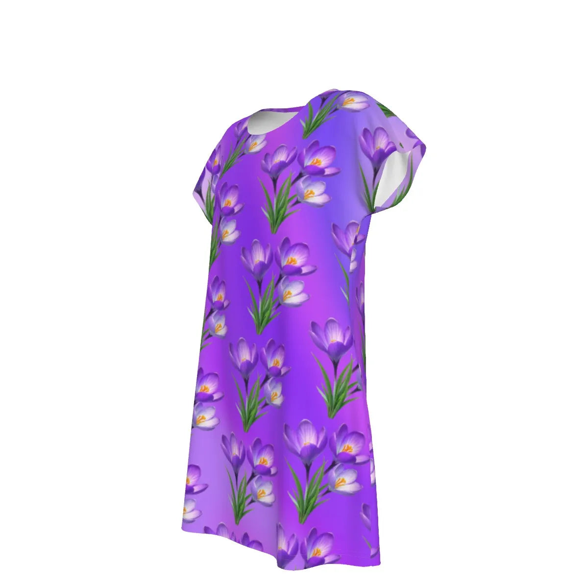 Women's Oversized Short Sleeve T-shirt Dress For Women - With Vibrant Purple Floral Pattern - Printspirationz